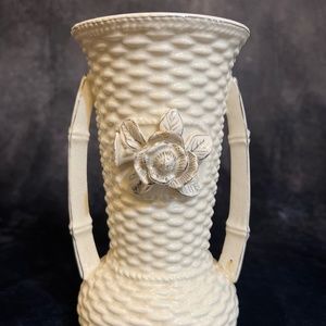 Vintage Basketweave Wicker Vase Mid-Century Japanese with Rose Flower CHIPPED